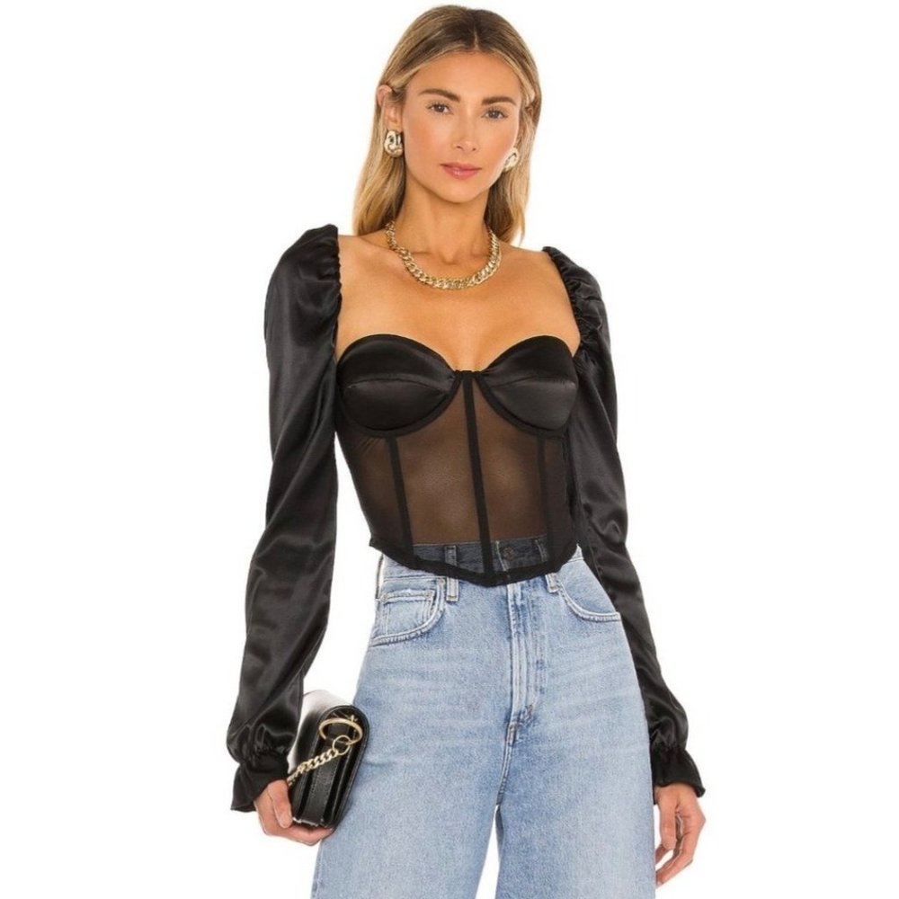 OW Shirt Womens Black XS Intimates Shae Puff Top Caviar Corset Sexy Satin Mesh
